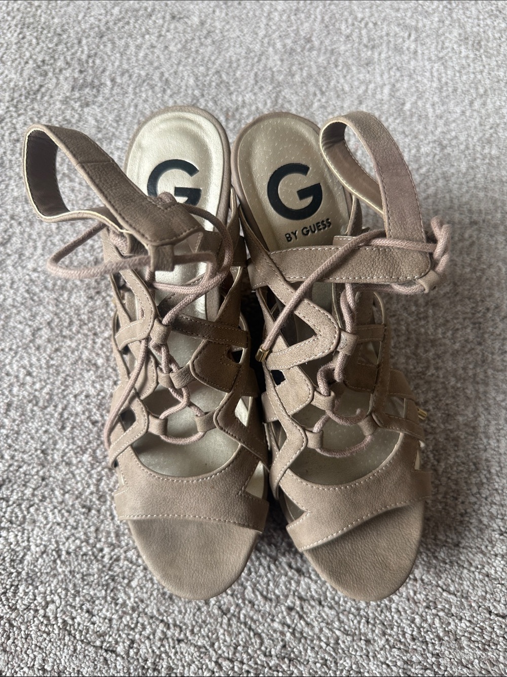 G by Guess Taupe Lace-Up Gladiator Heels